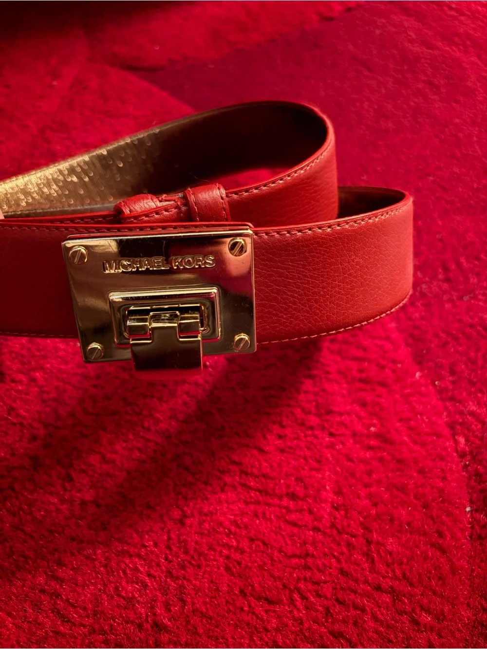 Women’s  Michael Kors Red Leather Belt with Gold-tone Buckle